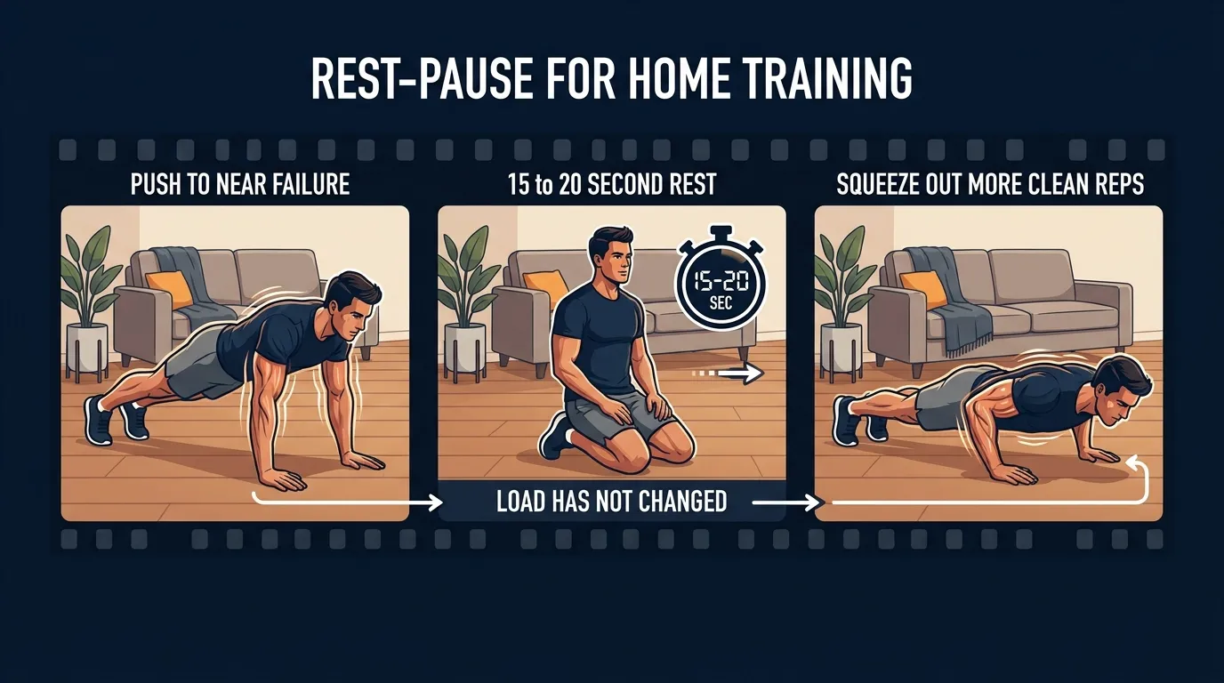 Ilustração conceitual de uma pessoa treinando em casa fazendo flexões com pausas breves entre séries, mostrando a aplicação do rest-pause ao treino com peso corporal e cargas fixas