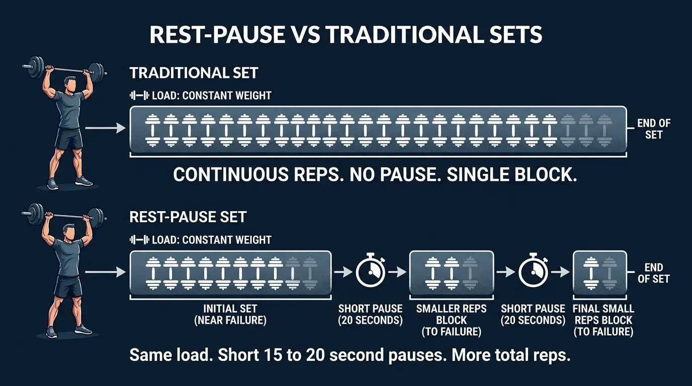 Ilustração comparando uma série tradicional a uma série de rest-pause, mostrando pausas breves de 15 a 20 segundos entre mini-séries que vão até a falha na mesma carga