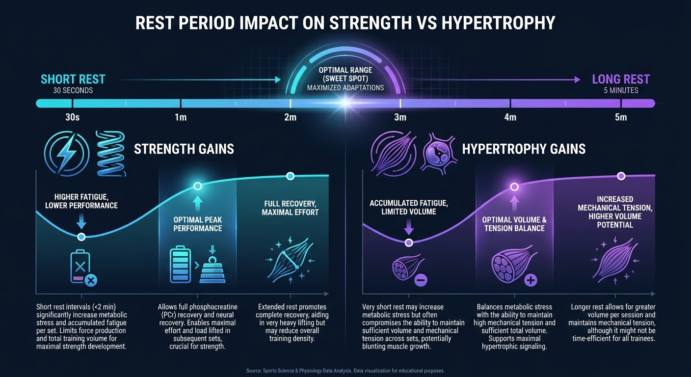 Gradient scale showing rest period impact on strength versus hypertrophy with optimal 2-3 minute sweet spot highlighted