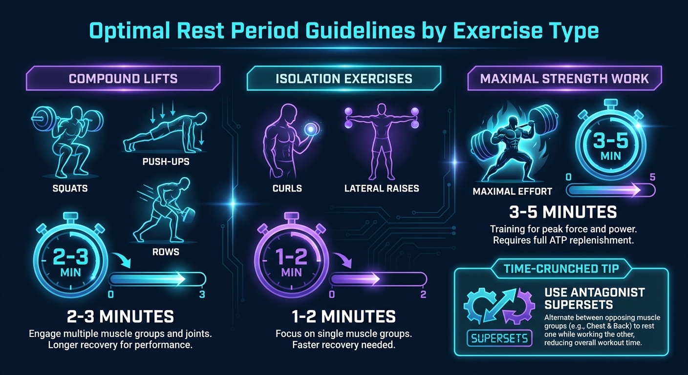 Optimal rest period guidelines by exercise type showing 2-3 minutes for compound lifts, 1-2 minutes for isolation, and 3-5 minutes for maximal strength