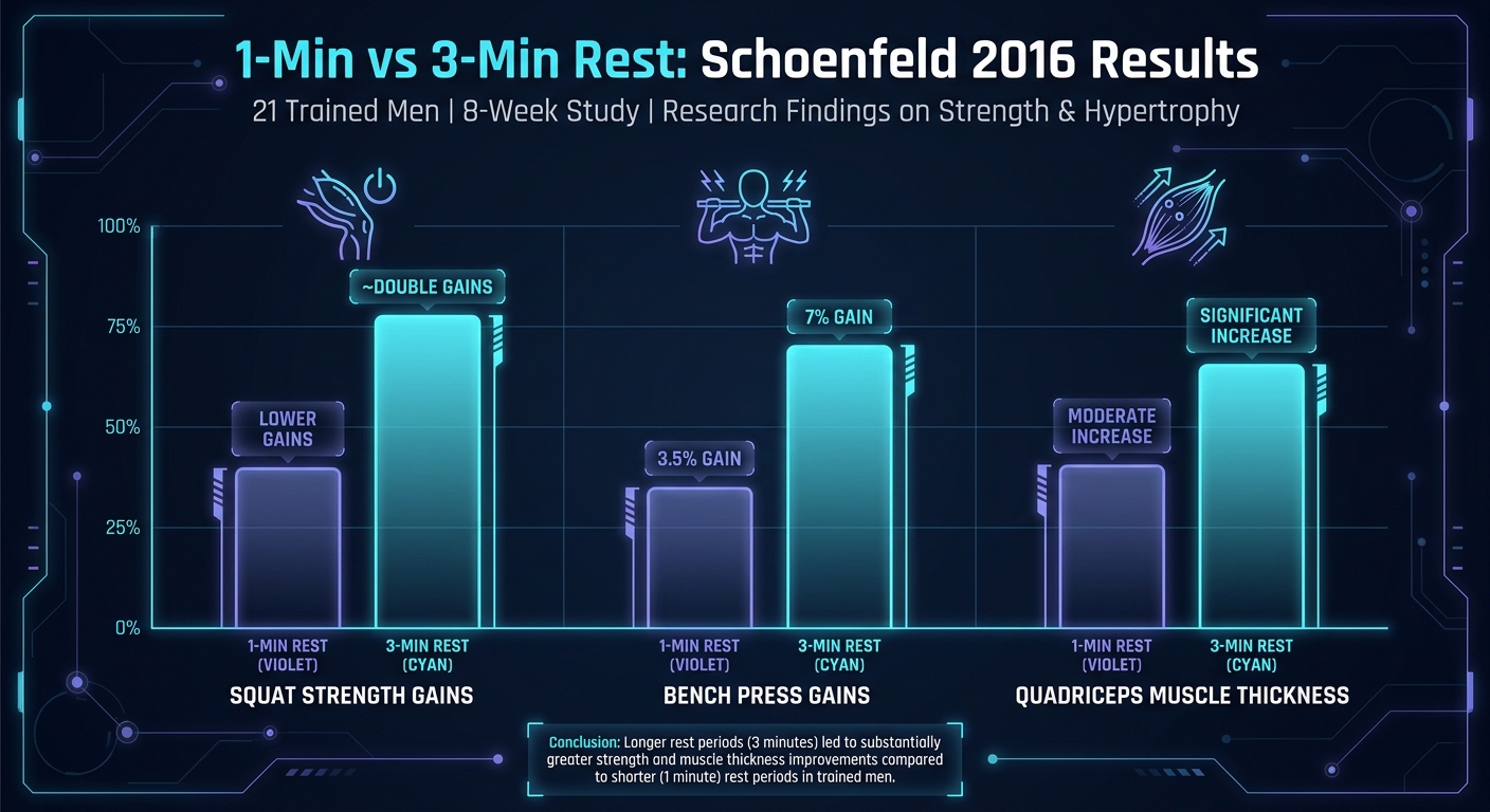 Bar chart comparing 1-minute versus 3-minute rest period results from Schoenfeld 2016 study showing superior strength and hypertrophy gains with longer rest