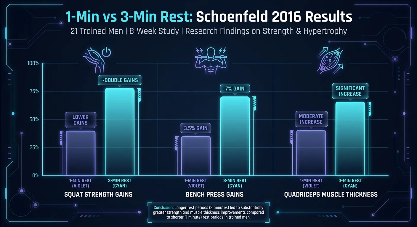 Balkendiagramm mit Vergleich der Ergebnisse bei 1-minütigen versus 3-minütigen Pausen aus der Schoenfeld-Studie 2016, das überlegene Kraft- und Hypertrophiezuwächse bei längeren Pausen zeigt