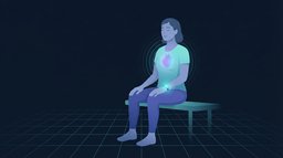 Redaktionelle Illustration einer Person, die ruhig mit einem Armband-Tracker sitzt, während die Brust leuchtet, um zu zeigen, wie eine Ruhepuls-Messung erfasst wird