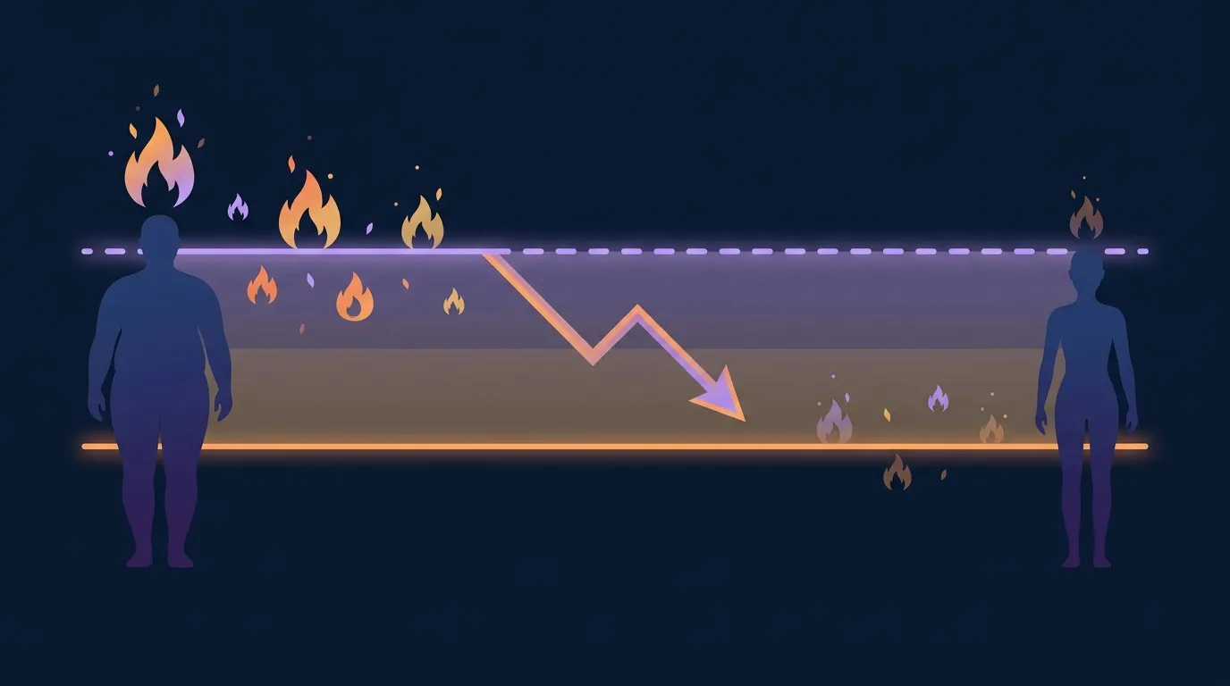 Visualização conceitual da lacuna de adaptação metabólica mostrando a taxa metabólica de repouso prevista como uma referência horizontal e a taxa metabólica de repouso medida suprimida abaixo dela após a perda de peso