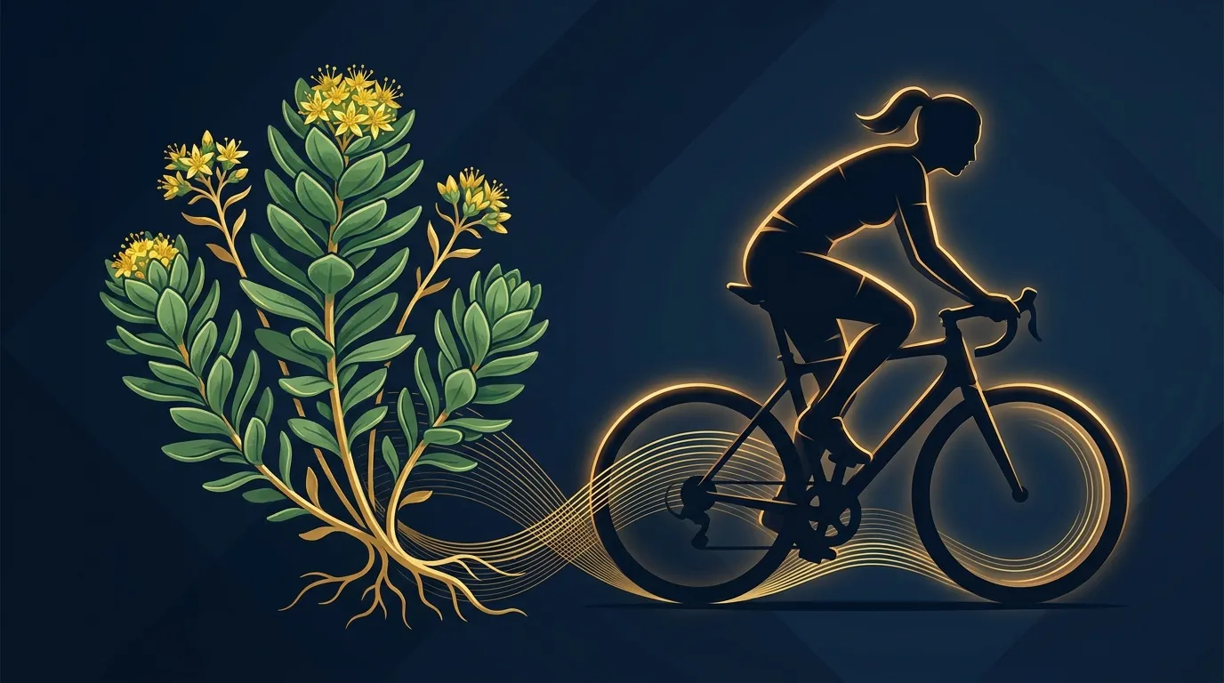 Konzeptionelle Illustration der Rhodiola-rosea-Pflanze mit einer Radsportfigur im Hintergrund, die die Wirkung des Adaptogens auf die Ausdauerleistung im Sport darstellt