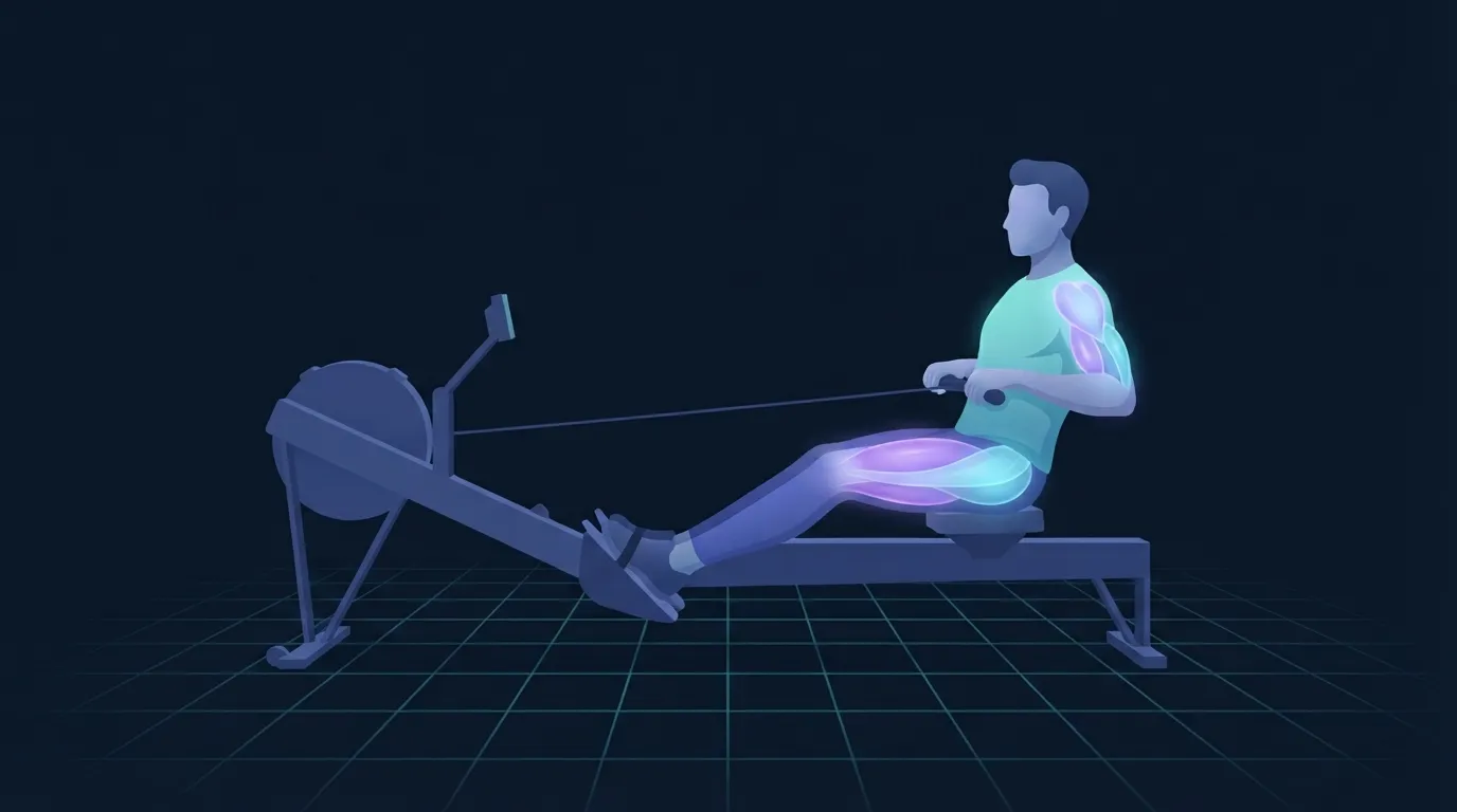 Illustrierte Figur mitten im Zug auf einem Indoor-Rudergerät, Beine gestreckt und Rücken zieht den Griff zu den Rippen, mit Quadrizeps, Gesäß, Latissimus und hinteren Schultermuskeln, die in durchscheinendem Violett und Cyan leuchten
