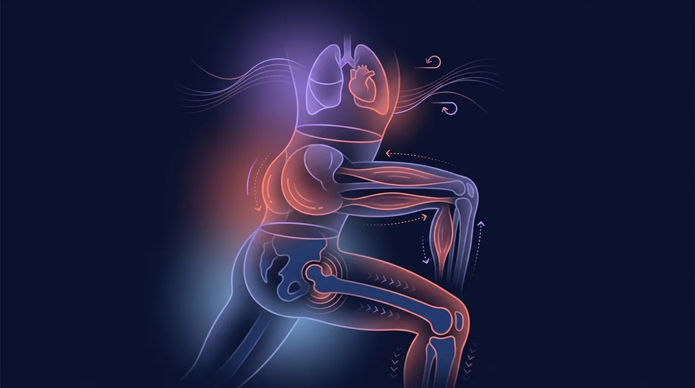 Conceptual diagram showing the three physiological systems engaged by rucking lungs and heart elevated aerobic demand posterior chain muscles under tension and hip and femur axial skeletal loading
