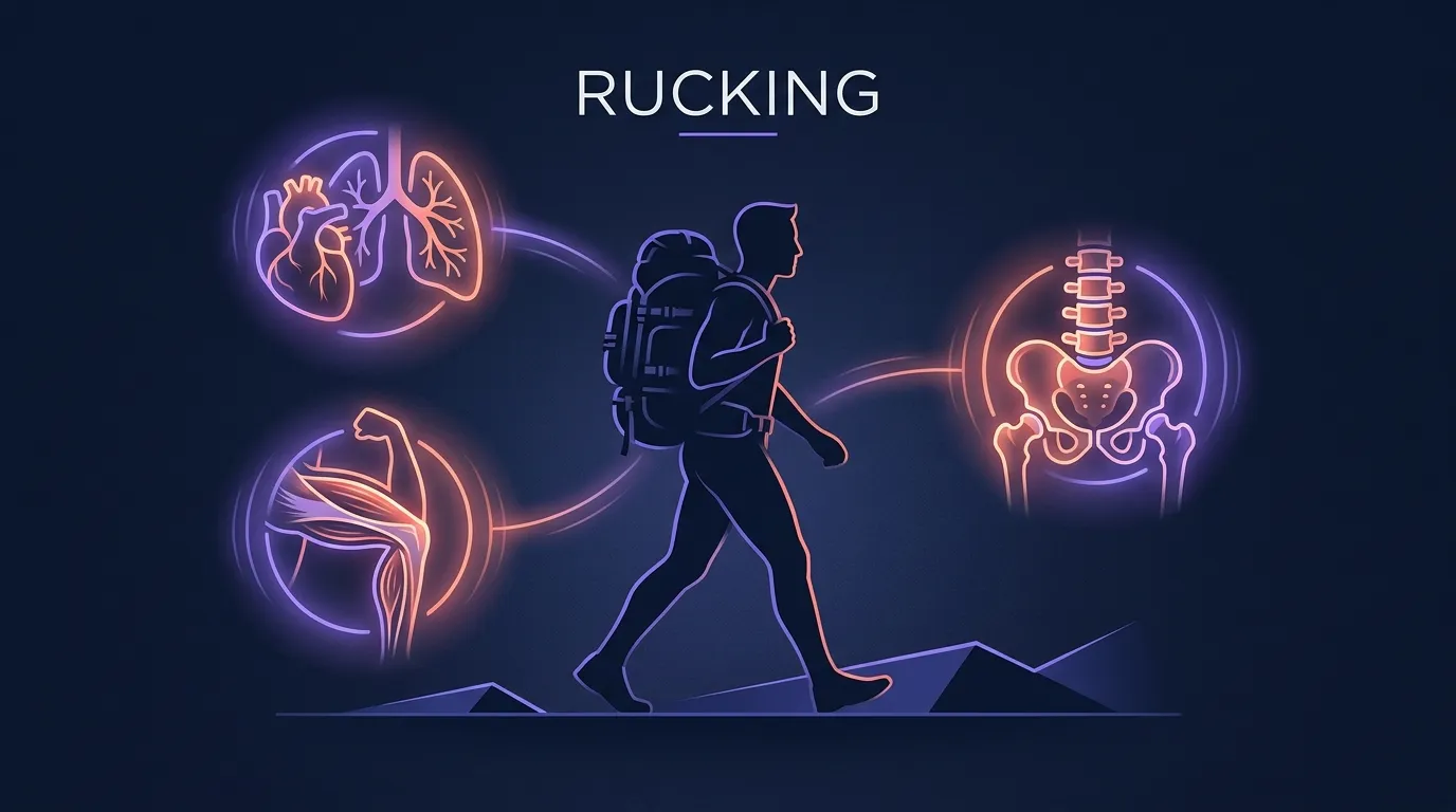 Conceptual illustration of a figure walking with a weighted rucksack surrounded by three highlighted physiological systems cardiovascular musculoskeletal and skeletal showing why load carriage produces a multi-system training stimulus