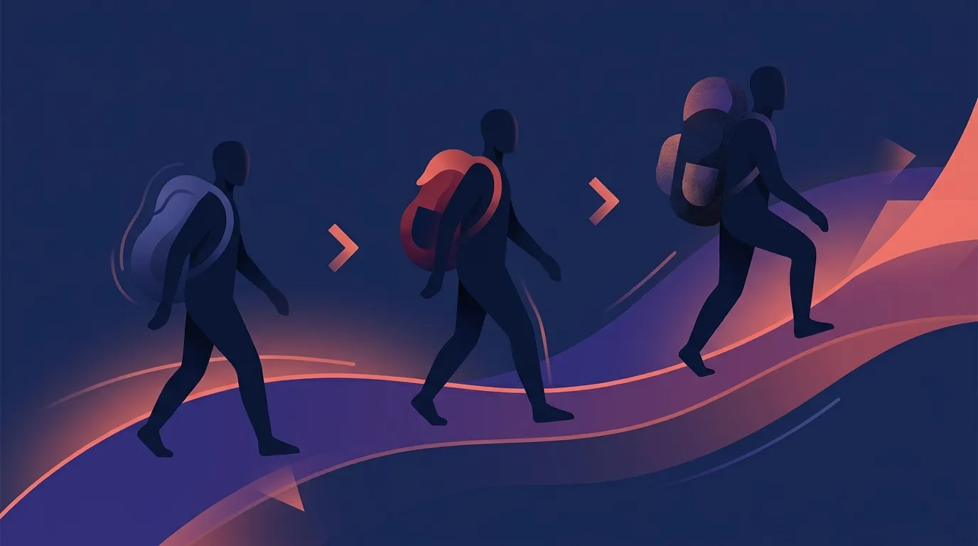 Conceptual visualization of a progressive rucking protocol three abstract silhouetted figures walking with increasingly weighted packs along a flowing path indicating a measured progression from light loads to heavier loads over weeks