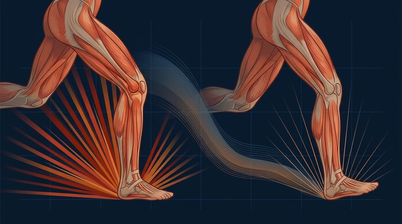 Abstract conceptual illustration of the knee joint absorbing impact force during running with visual comparison of higher versus lower joint loading at different cadences