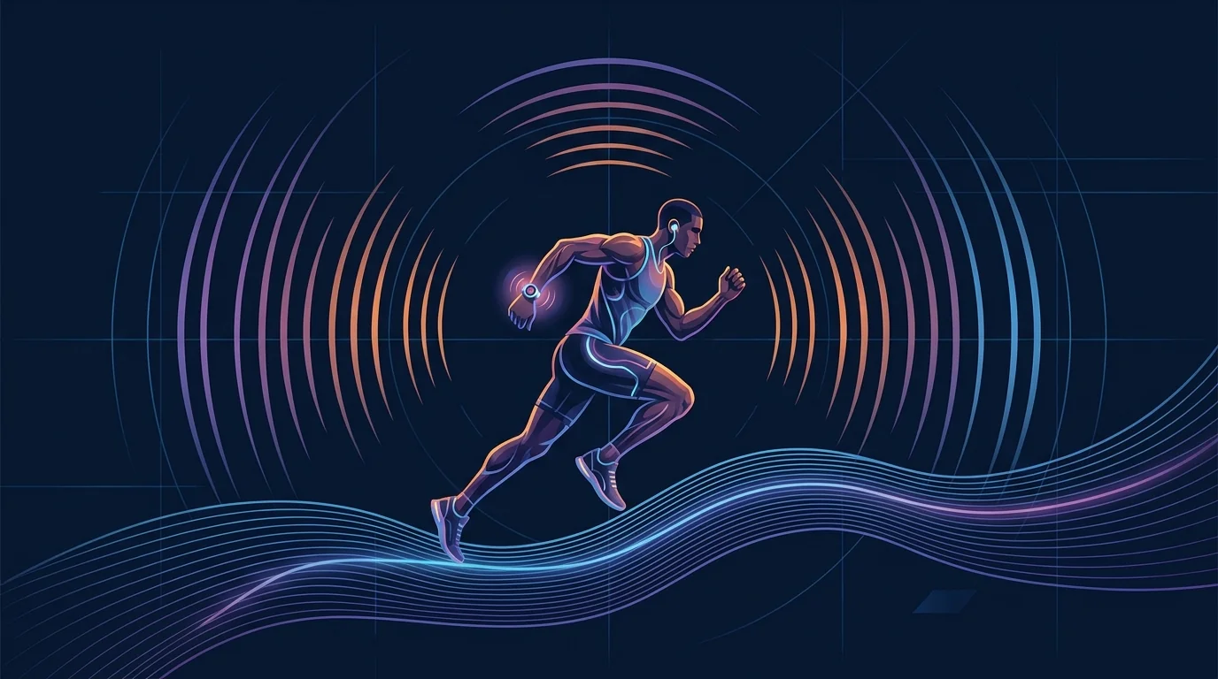 Abstract conceptual illustration of a runner training with metronome audio cues to gradually adopt a higher cadence over a multi-week protocol
