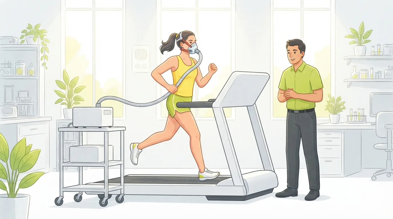 A woman runs on a treadmill in a bright lab wearing a breathing mask connected by a hose to a gas analyzer, while a researcher watches her stride during a running economy test