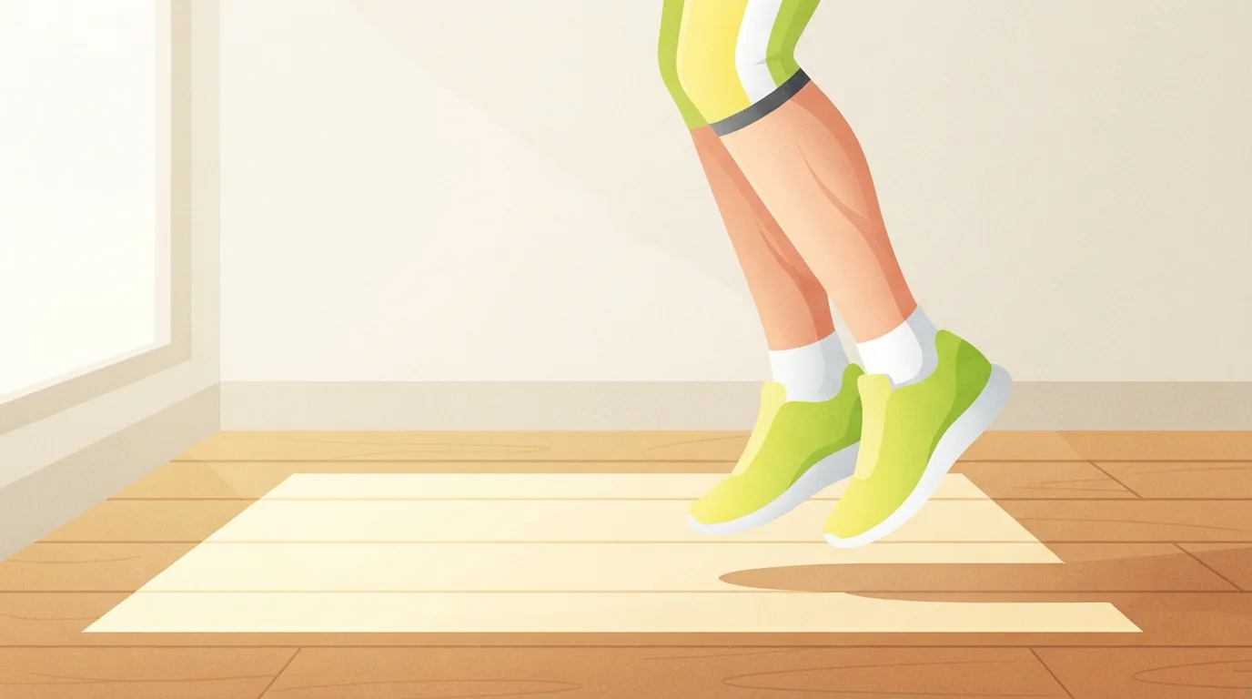Close-up of a runner's lower legs in lime running shoes mid pogo hop on a sunlit wooden floor, calves and Achilles tendons tensed like springs, a plyometric drill for running economy