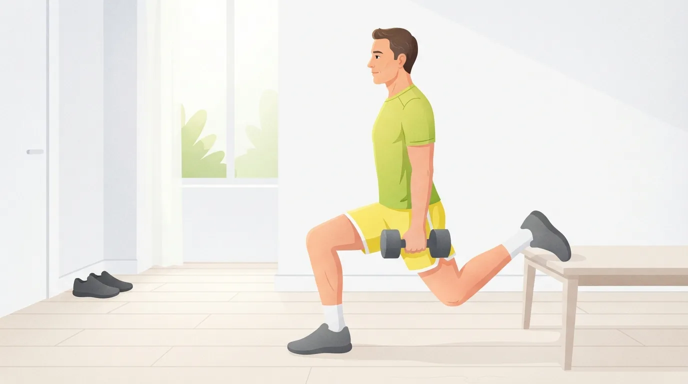 A man in lime and lemon workout clothes does a Bulgarian split squat holding dumbbells in a bright living room, his rear foot on a wooden bench, the kind of heavy single-leg strength work that improves running economy