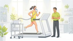 A woman runs on a treadmill in a bright lab wearing a breathing mask connected by a hose to a gas analyzer, while a researcher watches her stride during a running economy test