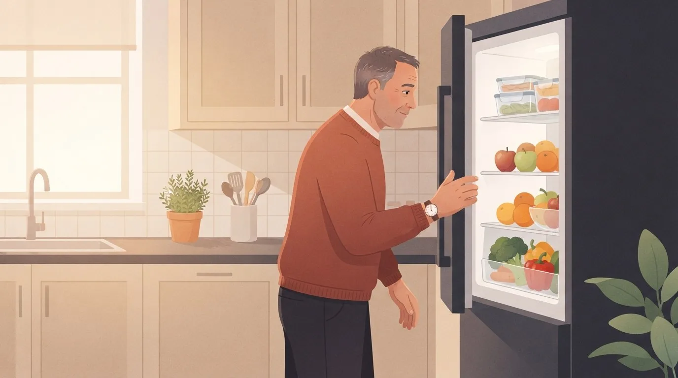 A man in his fifties in a terracotta sweater leaning into an open refrigerator full of fruit and vegetables in a warm evening kitchen