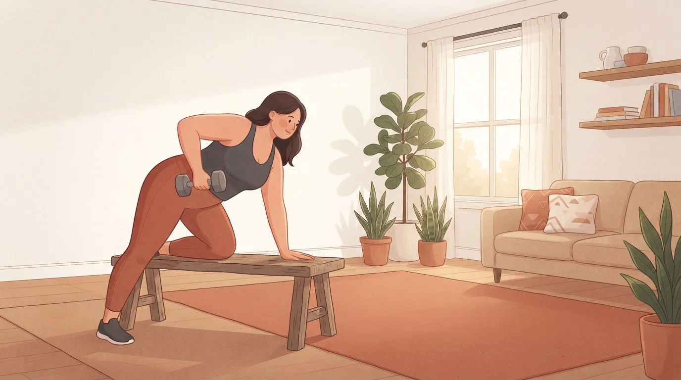 A woman in a charcoal top and terracotta leggings doing a one-arm dumbbell row braced on a wooden bench in a sunlit living room