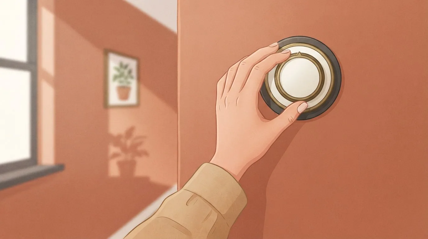 Close-up of a hand turning a round, unmarked wall thermostat dial on a terracotta wall, the thermostat analogy behind set point weight theory