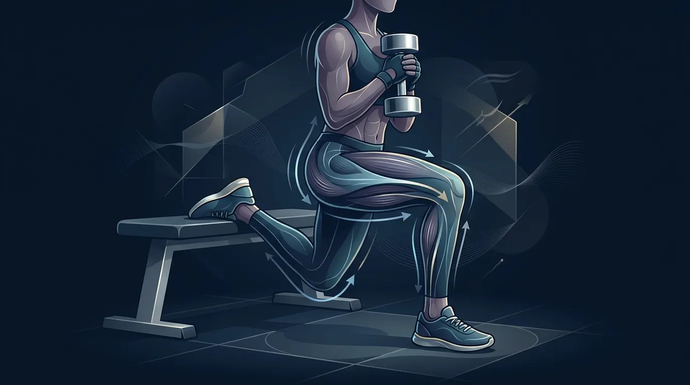 Illustrated figure performing a Bulgarian split squat on a navy background with one leg elevated behind and arrows indicating unilateral loading on the working leg