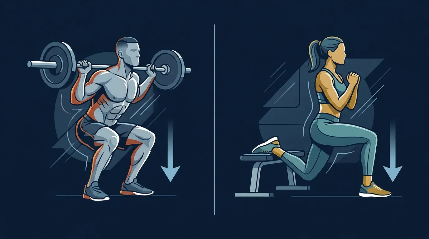 Illustrated diagram contrasting bilateral and unilateral squat training with arrows pointing to specific strength test outcomes on a navy background