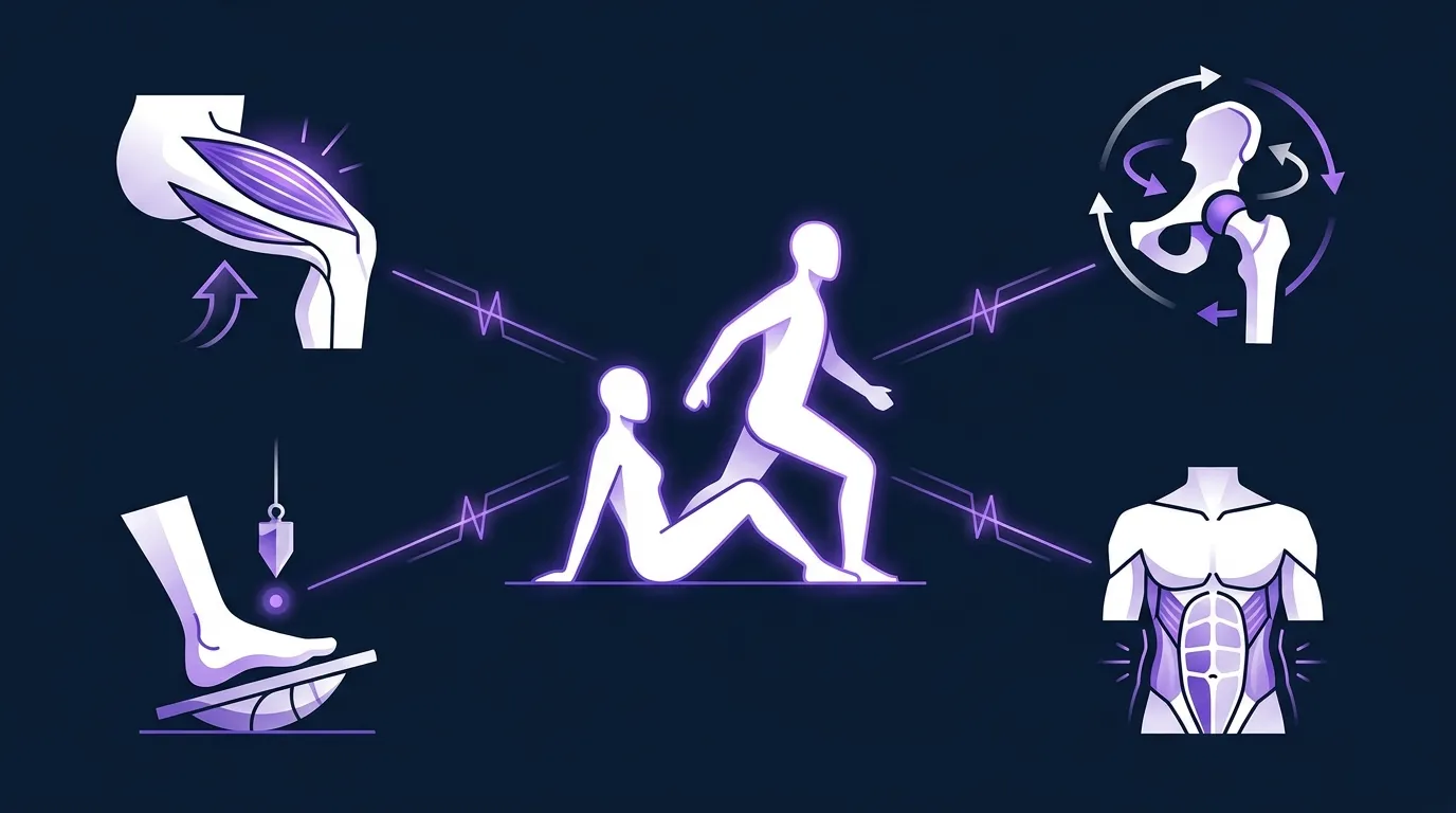 Conceptual illustration showing the sit-to-stand test as a window into multiple body systems including leg strength hip mobility balance and body composition that together predict longevity
