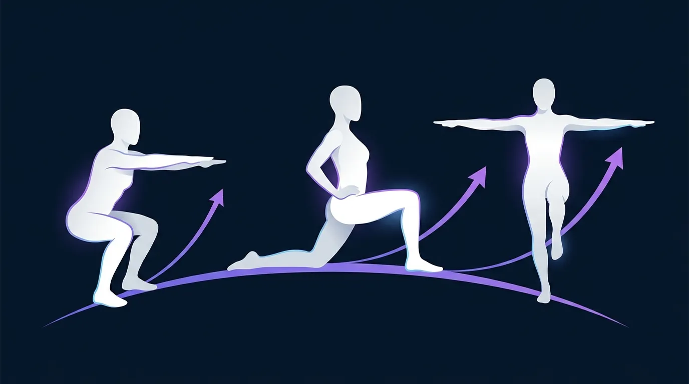 Conceptual illustration showing the systems that respond to strength and mobility training over an 8 to 12 week period including leg power hip mobility and single leg balance that together raise sit-to-stand test scores