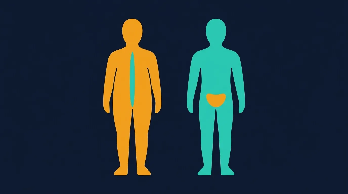 Ilustração conceitual contrastando duas silhuetas corporais com o mesmo peso, uma com baixa massa muscular e gordura acima do normal e outra com massa muscular maior e gordura menor, ilustrando que o IMC não distingue composição