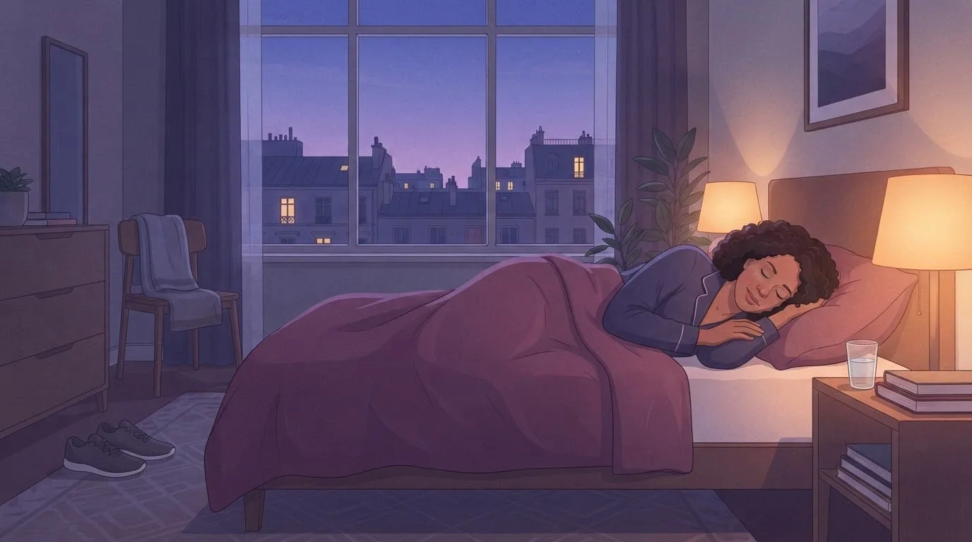 A woman with dark curly hair sleeps on her side under a plum duvet in a city bedroom at blue hour, a warm bedside lamp glowing and running shoes on the floor beside a chair