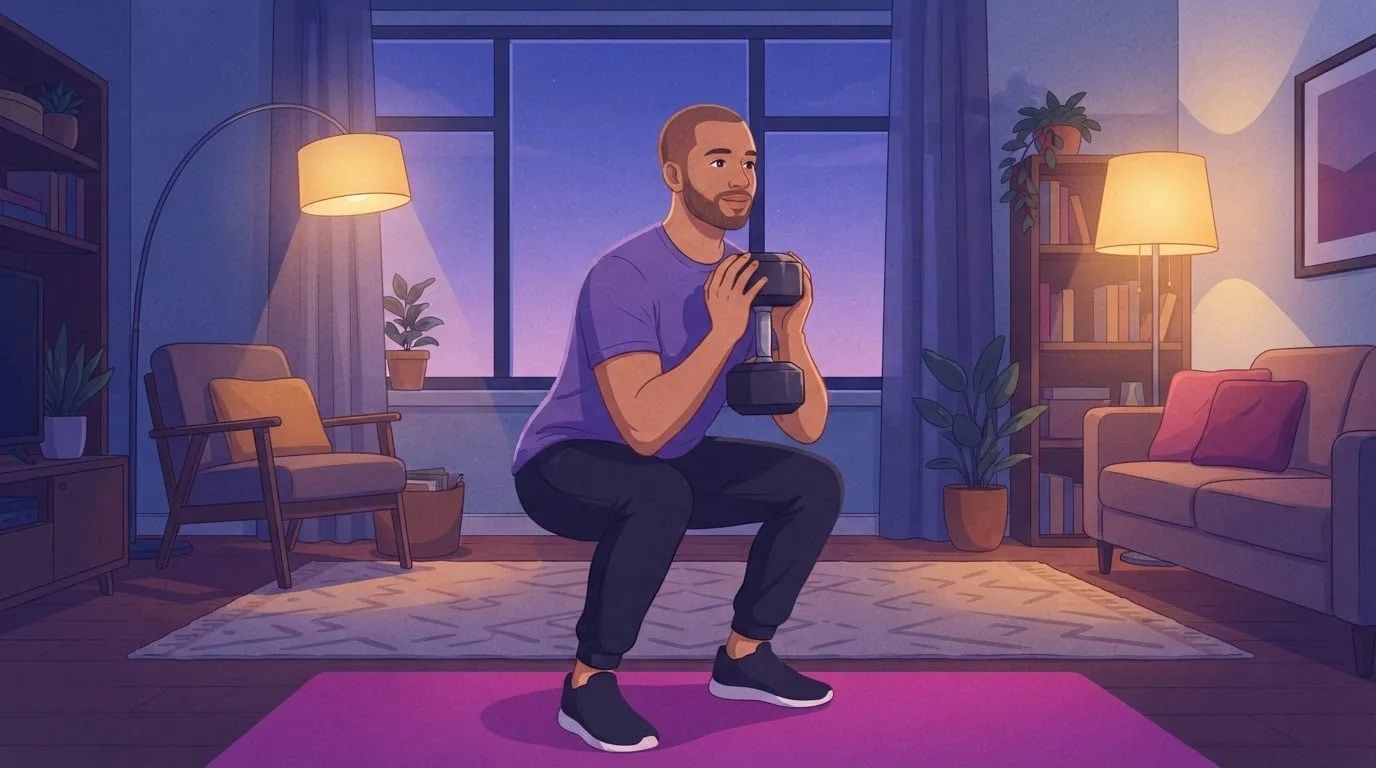 A bearded man in a violet t-shirt does a controlled goblet squat with one dumbbell on a magenta mat in a lamp-lit living room at blue hour