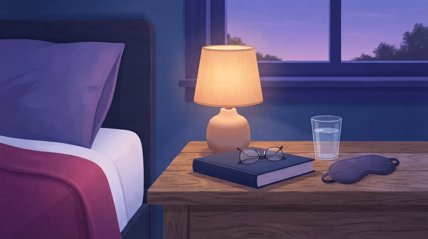 Close-up of a wooden nightstand at blue hour with a glowing bedside lamp, a closed book with reading glasses on top, a glass of water and a sleep mask beside a turned-down bed
