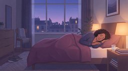 A woman with dark curly hair sleeps on her side under a plum duvet in a city bedroom at blue hour, a warm bedside lamp glowing and running shoes on the floor beside a chair