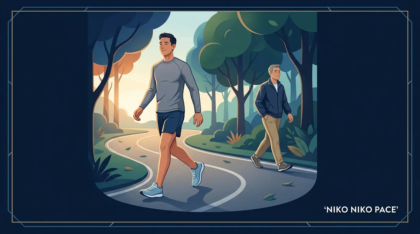 Ilustración conceptual de una persona trotando a ritmo lento y conversacional en un sendero de parque, postura relajada, leve sonrisa, pisada en el mediopié