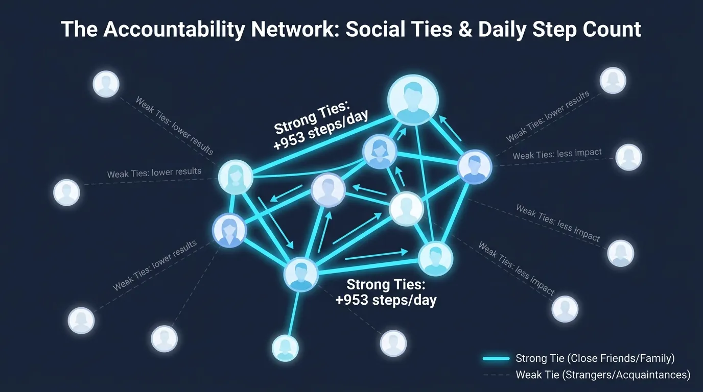 Social accountability network diagram showing strong connections between family and friends producing 953 more daily steps versus weak connections between strangers for exercise adherence