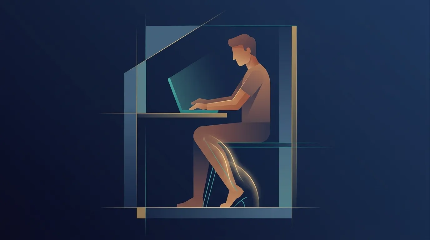 Conceptual illustration of a person at a desk subtly performing slow seated calf contractions while working