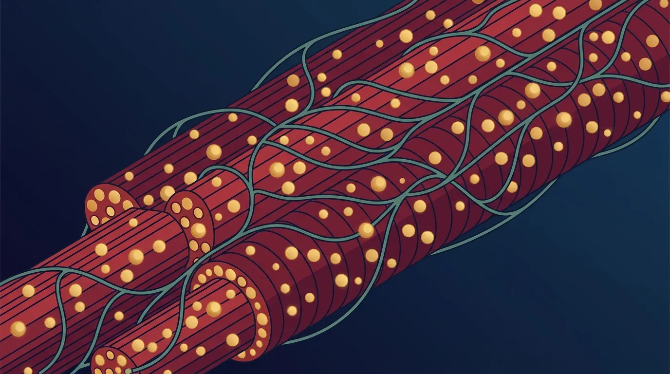 Conceptual illustration of slow-twitch type 1 muscle fibers with dense mitochondria, representing the oxidative nature of the soleus