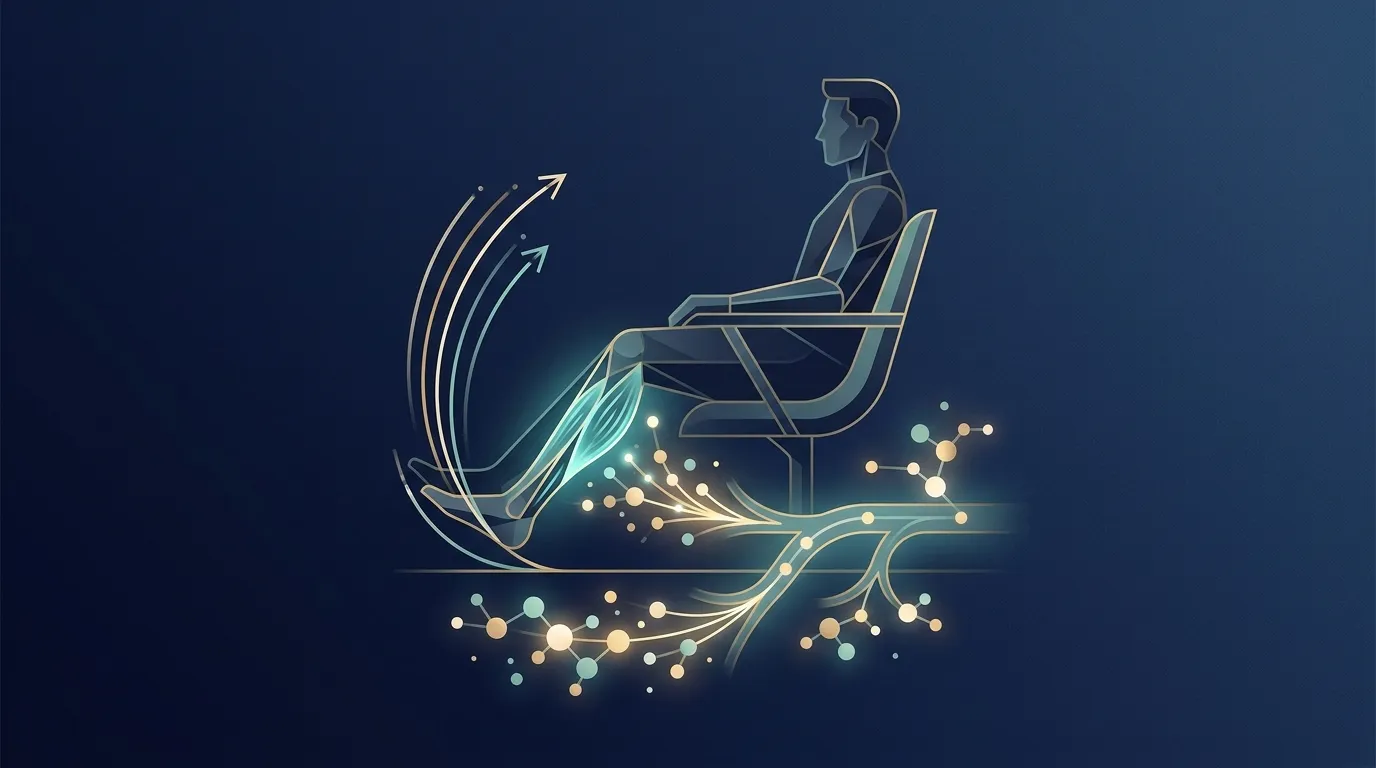 Conceptual illustration of a seated person doing slow heel raises with glucose molecules flowing from bloodstream into the calf muscle