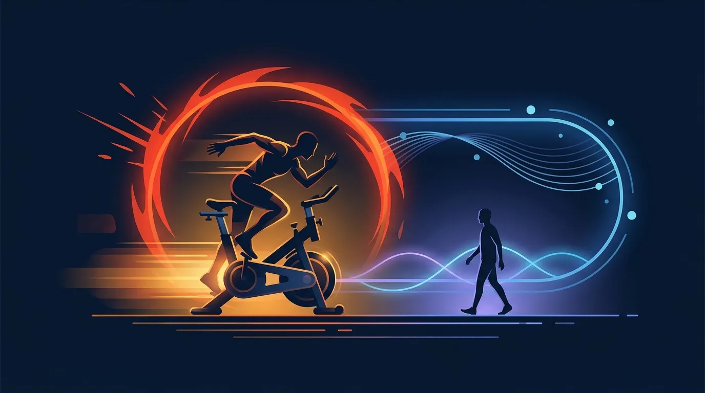 Ilustração conceitual de uma sessão de treinamento intervalado de sprint mostrando três sprints máximos de 20 segundos separados por longos períodos de recuperação leve, com uma duração de sessão total menor do que o cardio contínuo moderado