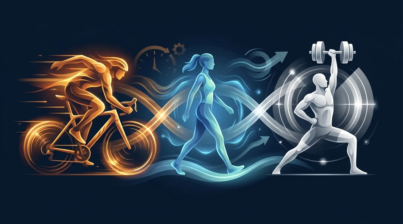 Ilustração conceitual de uma semana de treinamento combinando intervalos de sprint com sessões aeróbicas leves e treinamento de força
