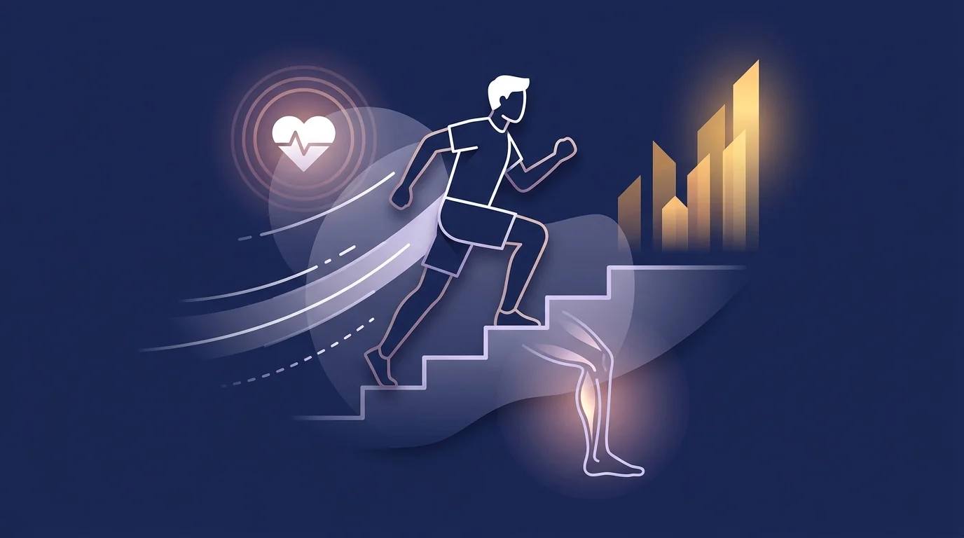 Conceptual diagram of the physiological systems engaged by a single flight of stair climbing showing rapid heart rate elevation lower body force production and aerobic energy demand