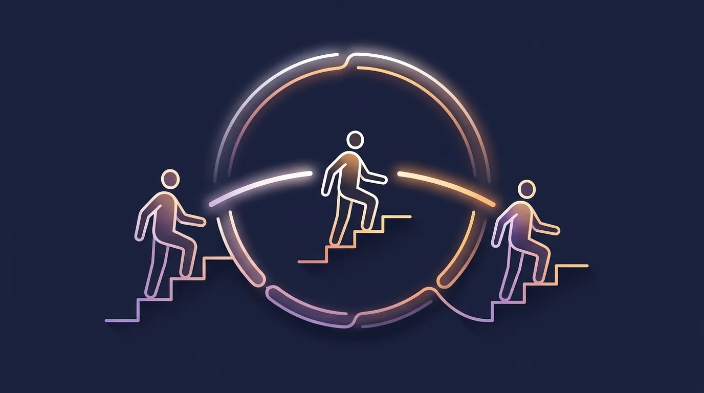Conceptual visualization of a daily stair climbing protocol three abstract figures climbing stairs at different times of day showing how exercise snacks accumulate cardiovascular stimulus across a week
