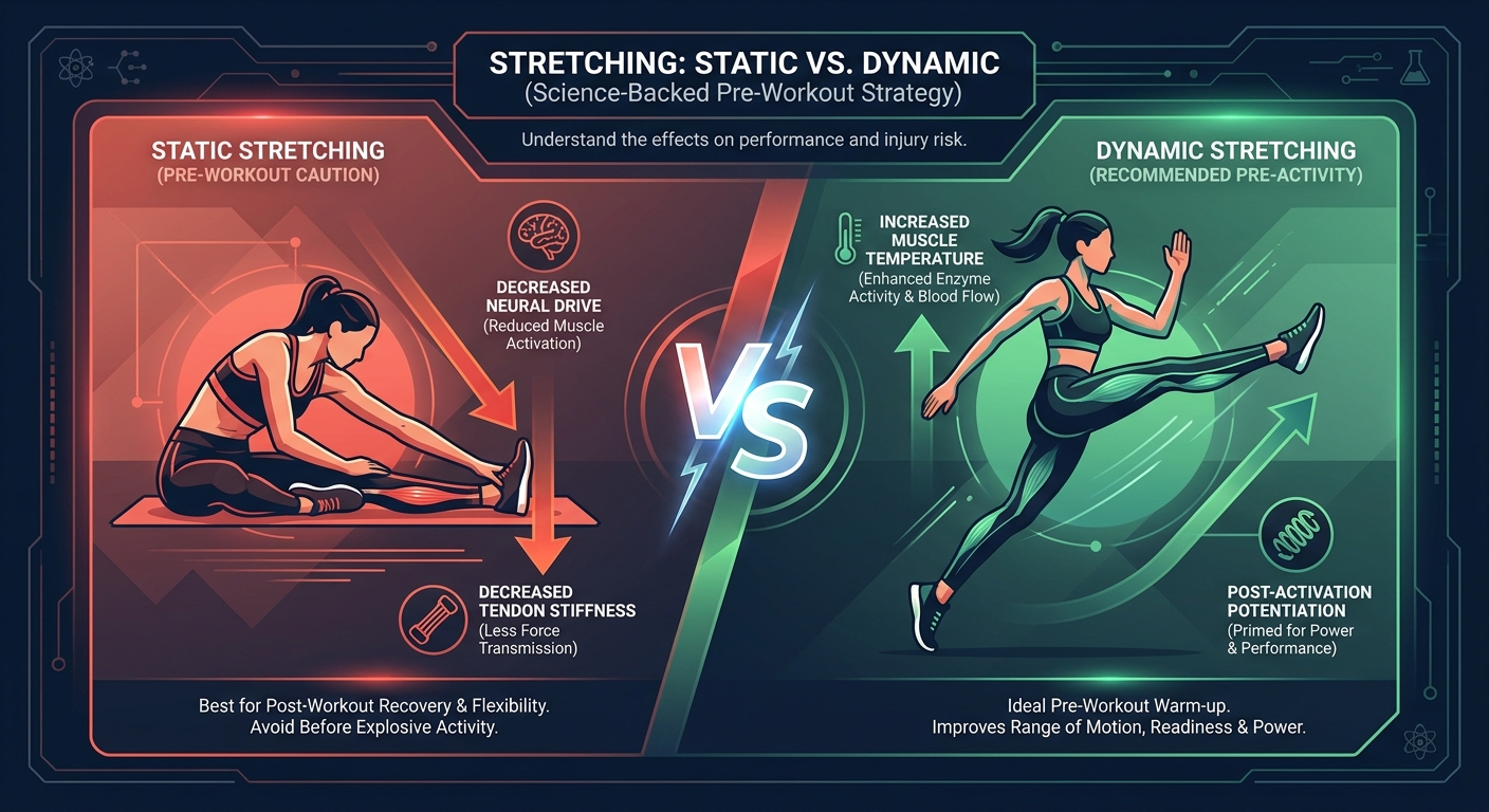 Seitenvergleich von statischem versus dynamischem Dehnen, der verringerten neuronalen Antrieb und Sehnensteifheit durch statische Haltezeiten versus erhöhte Muskeltemperatur und Potenzierung durch dynamische Bewegung zeigt