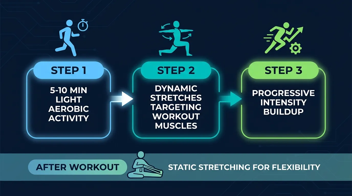 Séquence d'échauffement correcte montrant une activité aérobique légère, des étirements dynamiques ciblant les muscles de l'entraînement, une montée progressive en intensité, et des étirements statiques post-entraînement pour la flexibilité