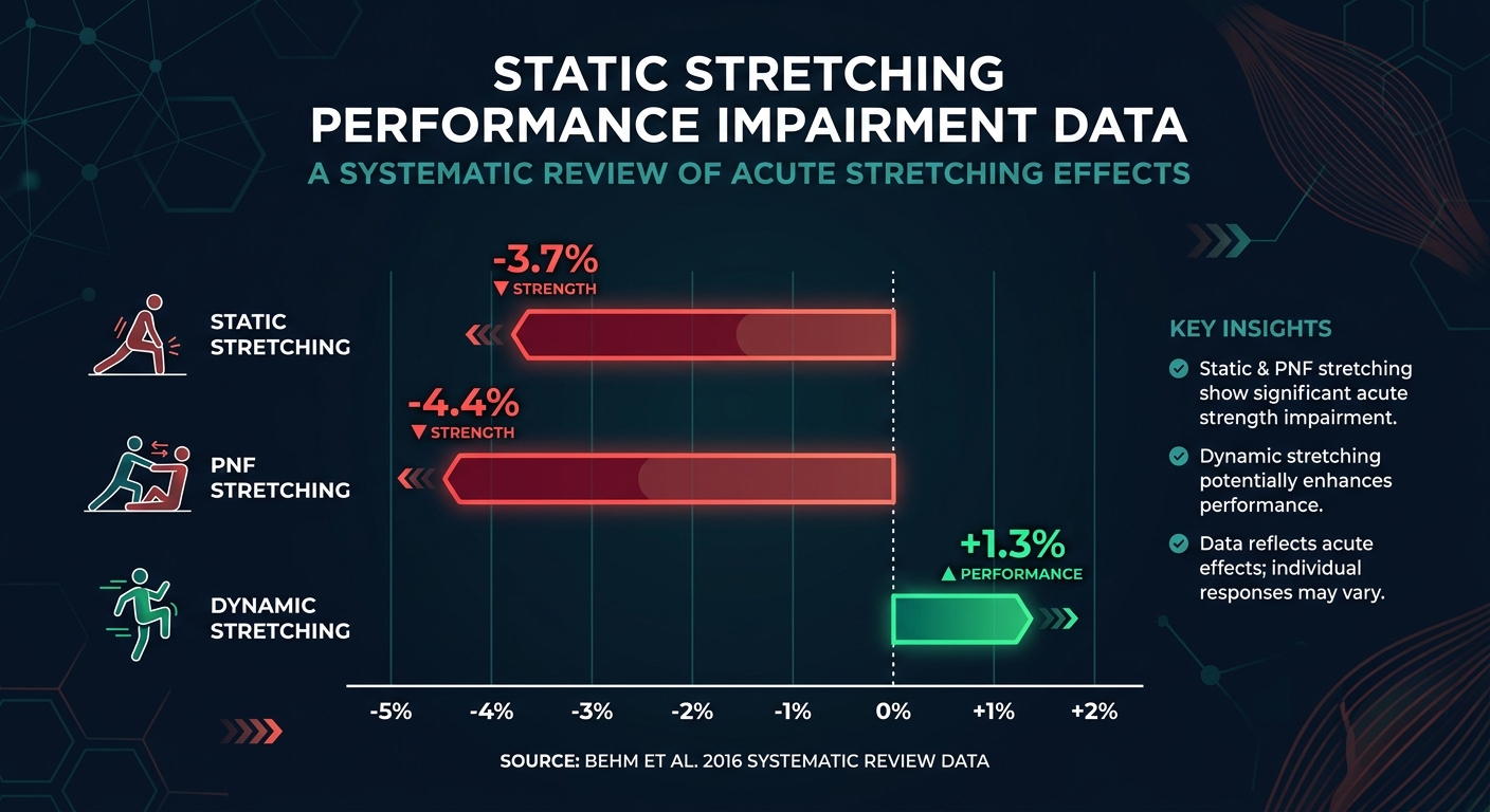 Balkendiagramm, das zeigt, dass statisches Dehnen die Kraft um 3,7 % reduziert, PNF-Dehnen die Kraft um 4,4 % reduziert und dynamisches Dehnen die Leistung um 1,3 % verbessert, basierend auf der systematischen Übersicht von Behm et al. 2016