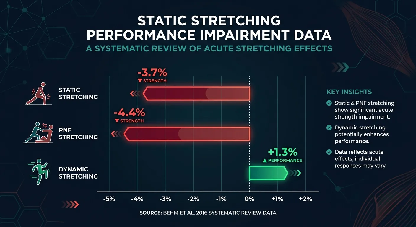 Graphique en barres montrant que les étirements statiques réduisent la force de 3,7 %, les étirements PNF réduisent la force de 4,4 % et les étirements dynamiques améliorent les performances de 1,3 % basé sur la revue systématique Behm et al. 2016