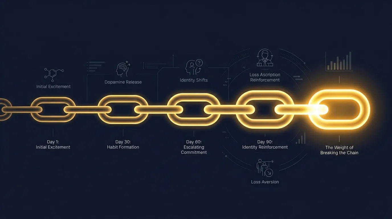 Visualization of workout streak psychology showing a golden chain of connected daily exercise links with increasing glow intensity and the psychological tension of potentially breaking the chain