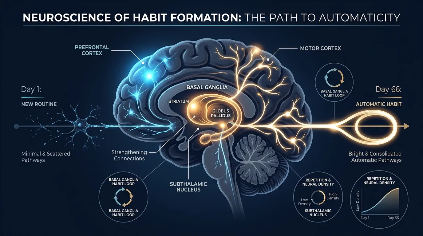 Neuroscience of habit formation showing brain basal ganglia with strengthening neural pathways over 66 days from conscious effort to automatic behavior