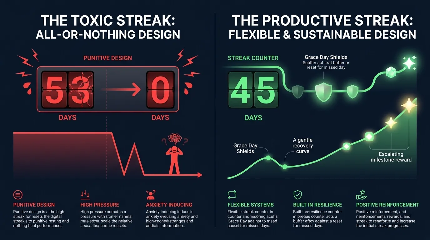 Comparison of productive versus toxic streak designs showing rigid all-or-nothing streaks cause stress while flexible streaks with grace days and escalating rewards build lasting habits