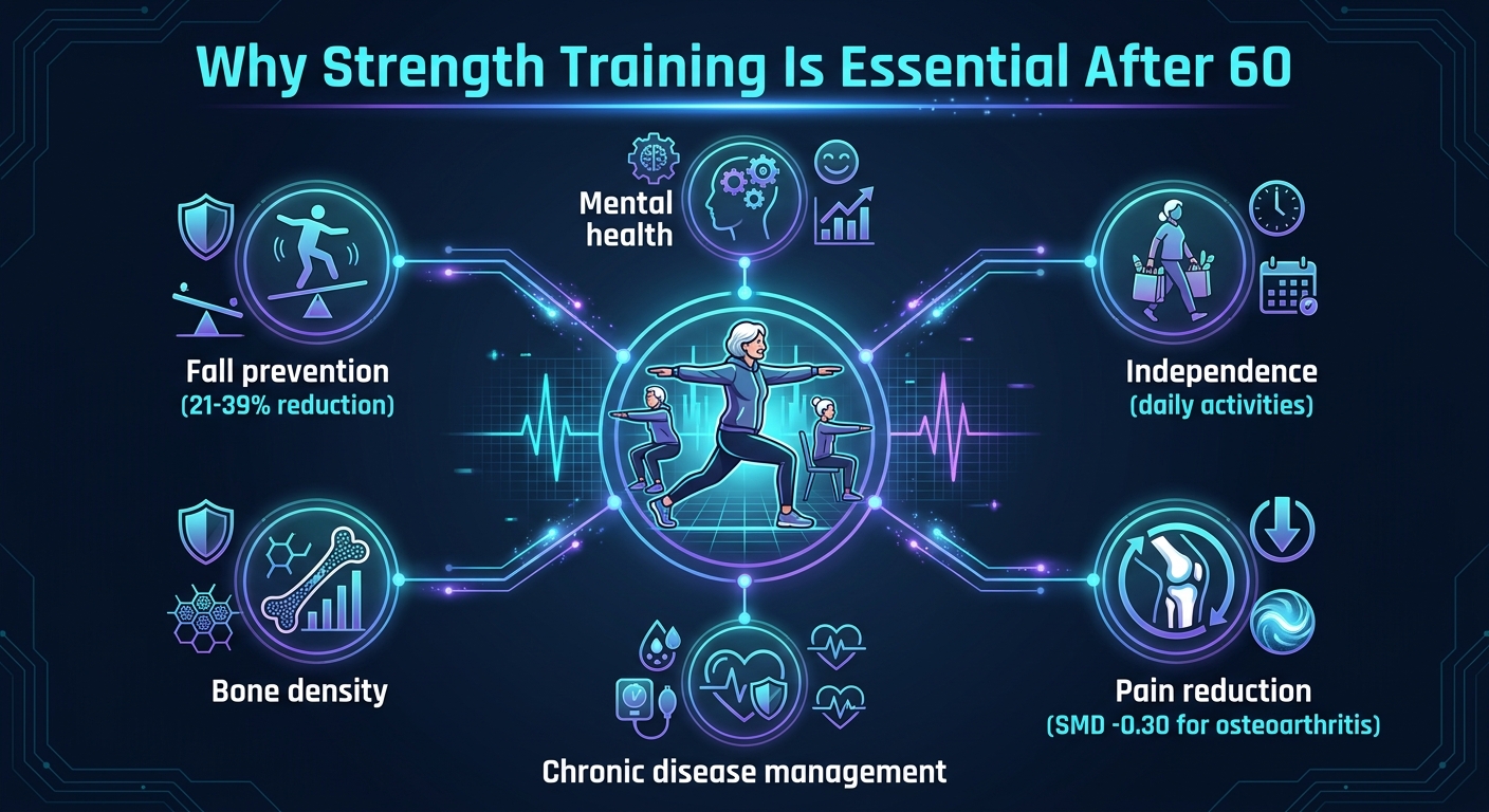Interconnected benefits of strength training after 60 including 21-39% fall reduction, independence preservation, bone density, pain reduction, and mental health improvement