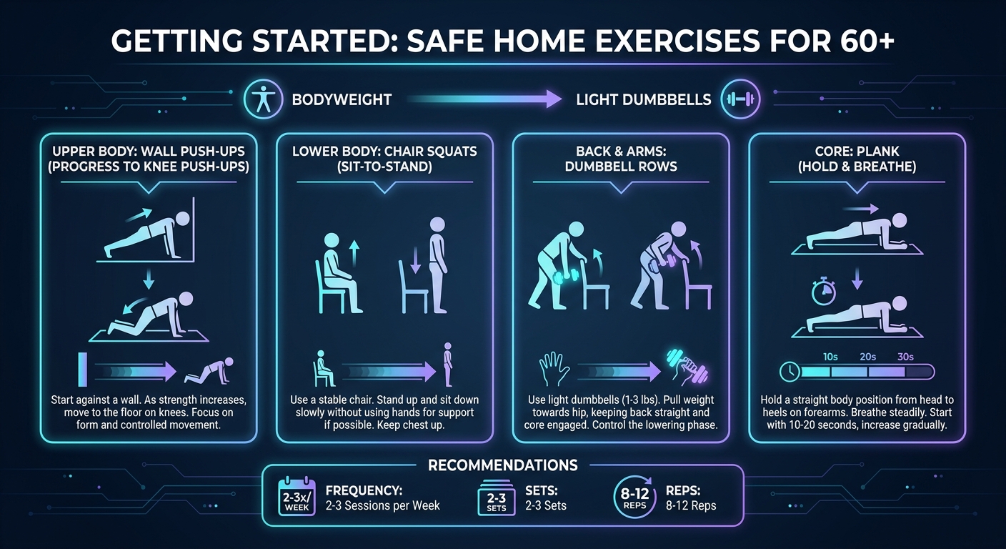 Safe home exercise program for seniors showing wall push-ups, chair squats, dumbbell rows, and core exercises with progressive overload from bodyweight to light dumbbells