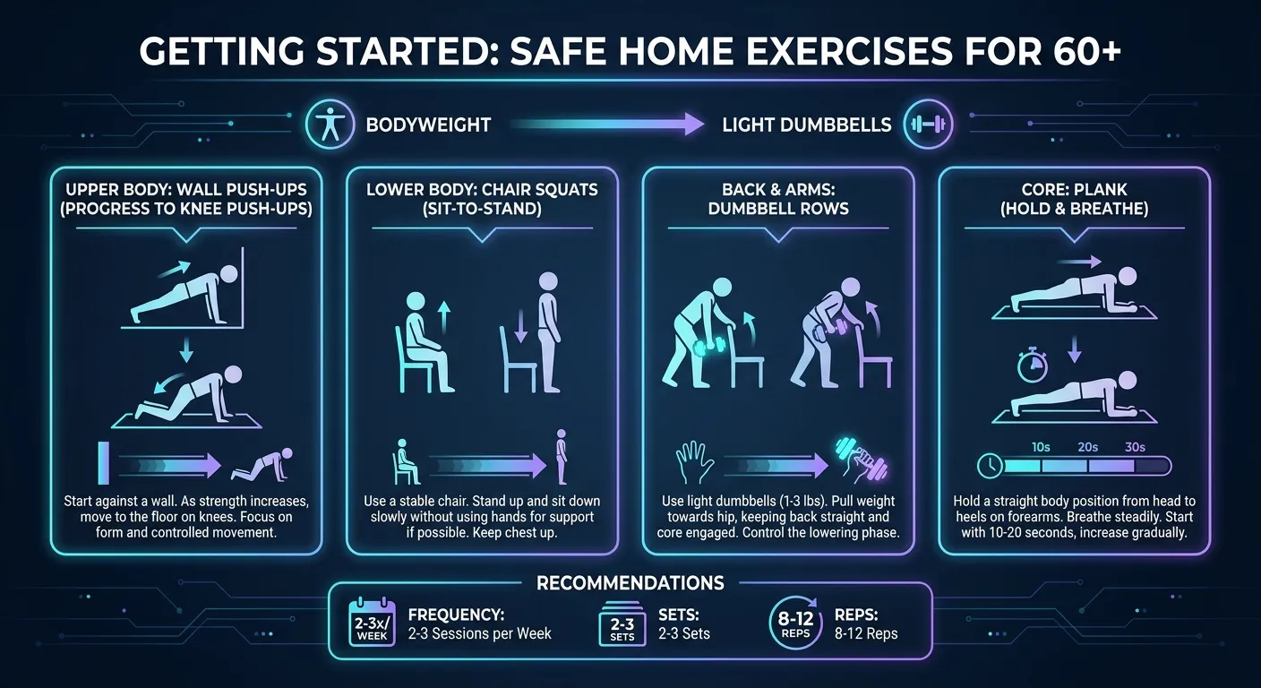 Programme d'exercice à domicile sûr pour les seniors montrant des pompes murales, des squats sur chaise, des rowing avec haltères et des exercices de tronc avec surcharge progressive du poids du corps vers les haltères légers